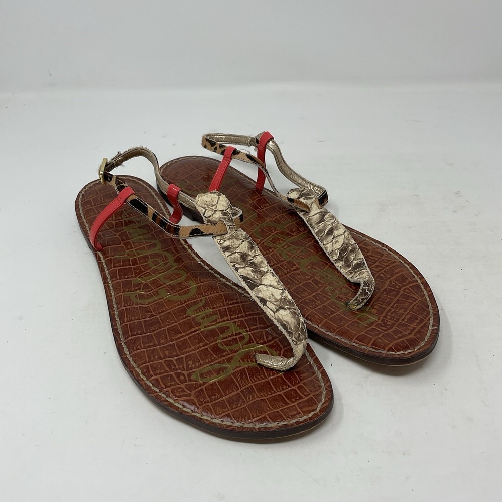 Sam Edelman Gigi Sandals Womens 12M Animal Reptile Brown Pink T-Strap Flats